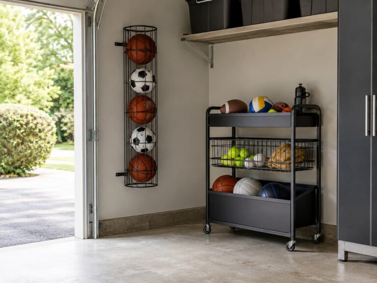 best ball storage rack for garage — organized residential garage corner with wall-mounted ball rack and rolling ball cart