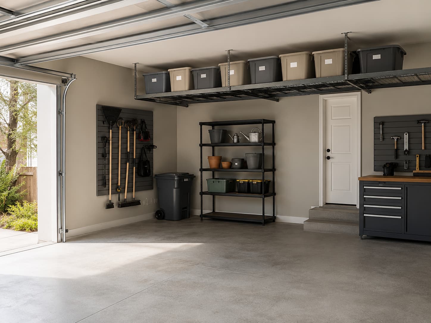 Organized residential garage with a ceiling-mounted storage rack holding labeled storage totes above a parked car, daylight from open garage door