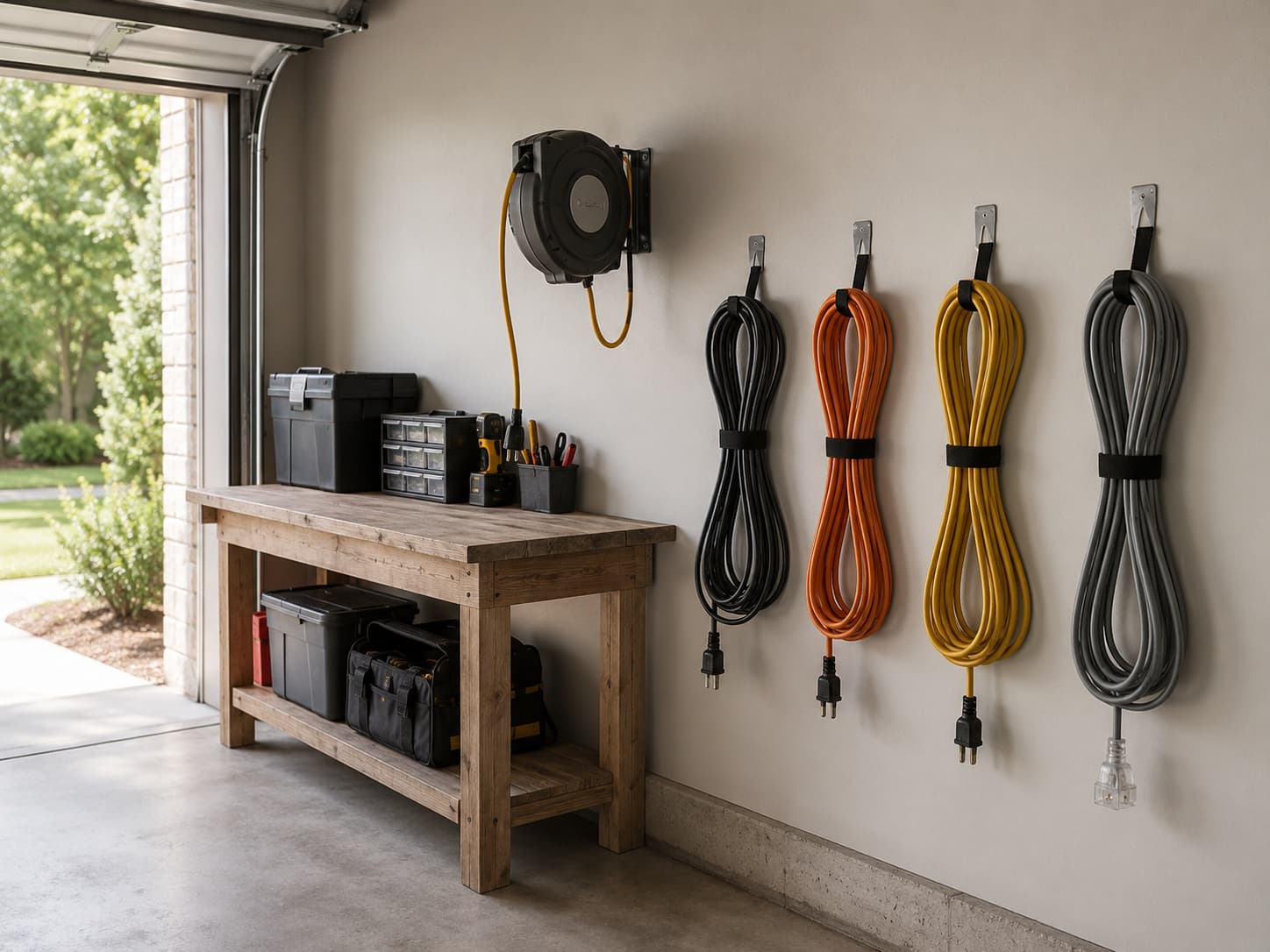 Organized residential garage wall with one wall-mounted retractable extension cord reel and several hook-mounted cord straps holding bundled cords, daylight, neutral palette