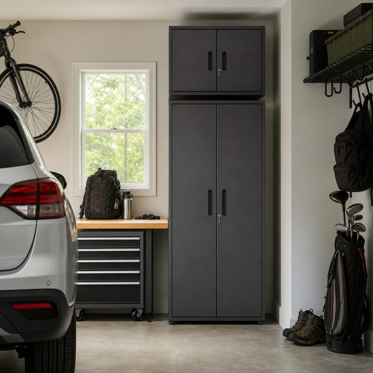 Small one-car garage interior with slim narrow floor cabinet and matching wall-mounted cabinet above a compact workbench, leaving floor space for the parked car