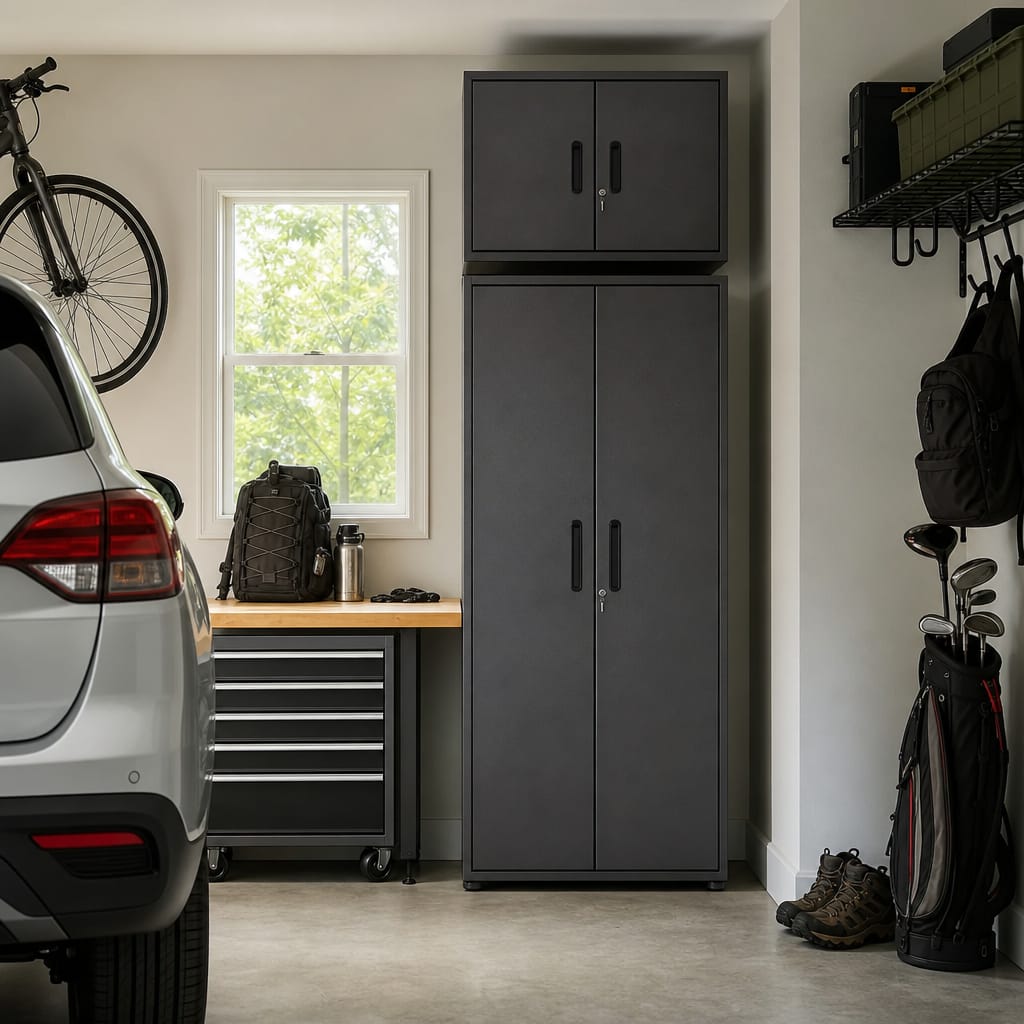 Small one-car garage interior with slim narrow floor cabinet and matching wall-mounted cabinet above a compact workbench, leaving floor space for the parked car