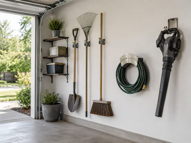 Organized garage wall with shovels, rakes, broom on spring grips, a coiled hose on a stainless hanger, and a leaf blower on a heavy-duty hook
