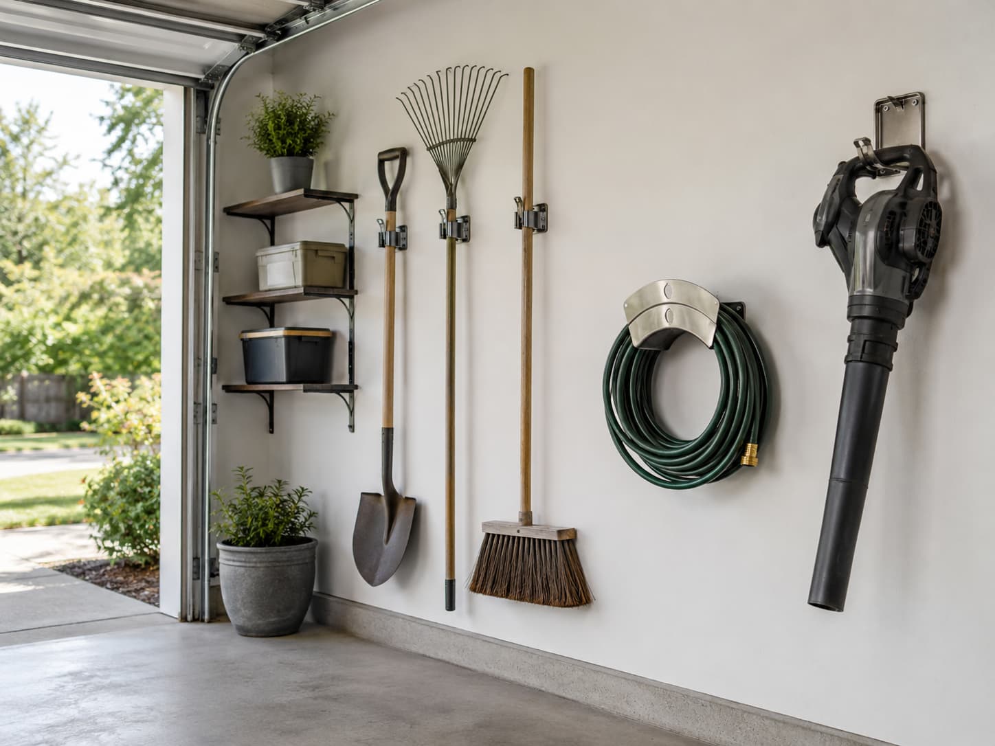 Organized garage wall with shovels, rakes, broom on spring grips, a coiled hose on a stainless hanger, and a leaf blower on a heavy-duty hook