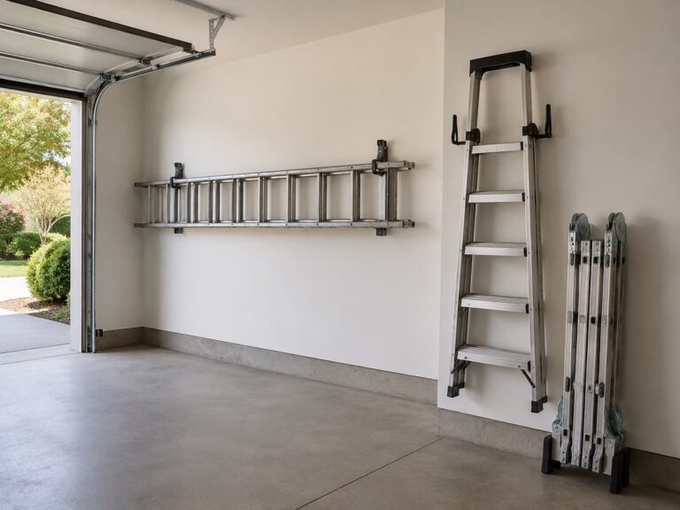 Organized residential garage wall with an extension ladder mounted horizontally, a step ladder vertically on hooks beside it