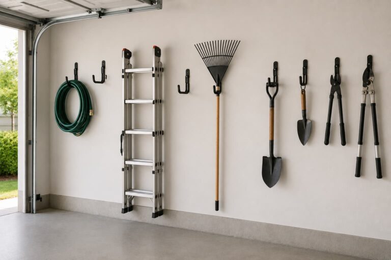 best garage hooks — wide editorial view of a residential garage wall with metal hooks holding tools, a coiled hose, and a ladder