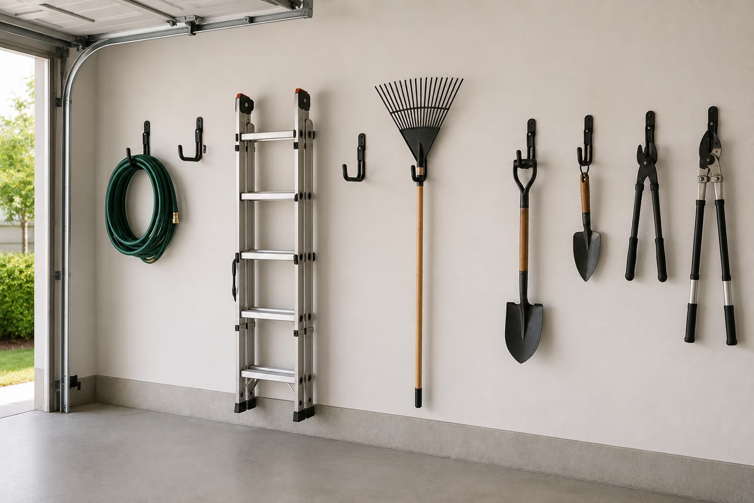 best garage hooks — wide editorial view of a residential garage wall with metal hooks holding tools, a coiled hose, and a ladder