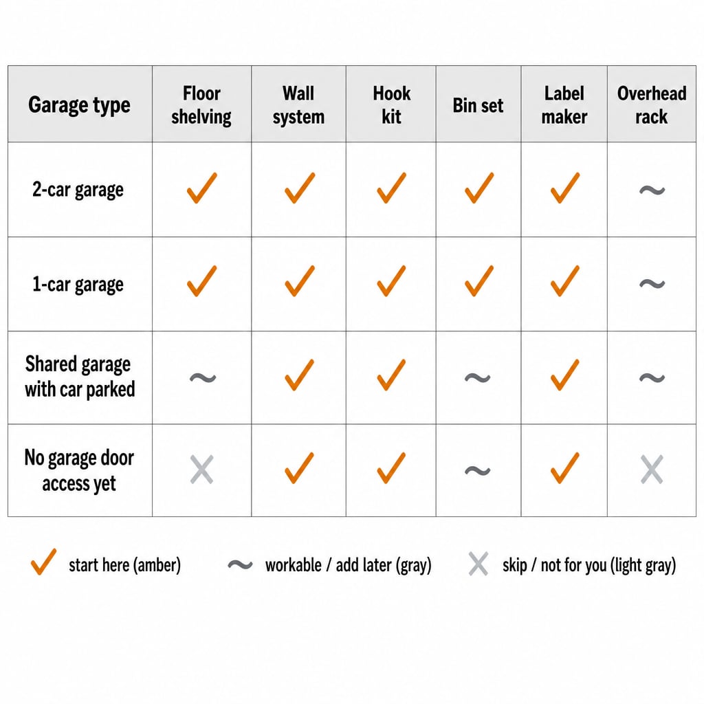 Decision matrix showing which beginner garage organization products to start with by garage type — two-car garage, one-car garage, shared garage, no-door-access garage