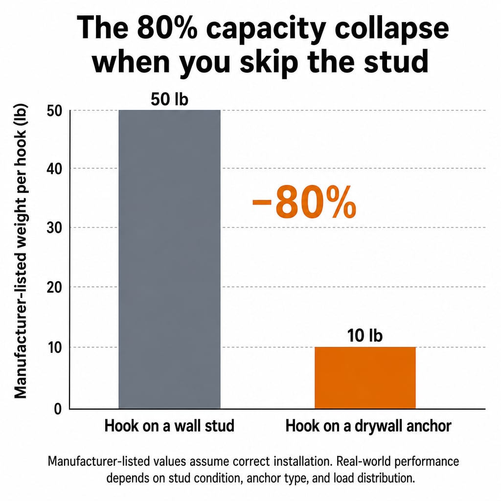 Bar chart comparing manufacturer-listed weight capacity for one wall hook on a stud at 50 pounds versus the same hook on a drywall anchor at 10 pounds, an 80 percent reduction