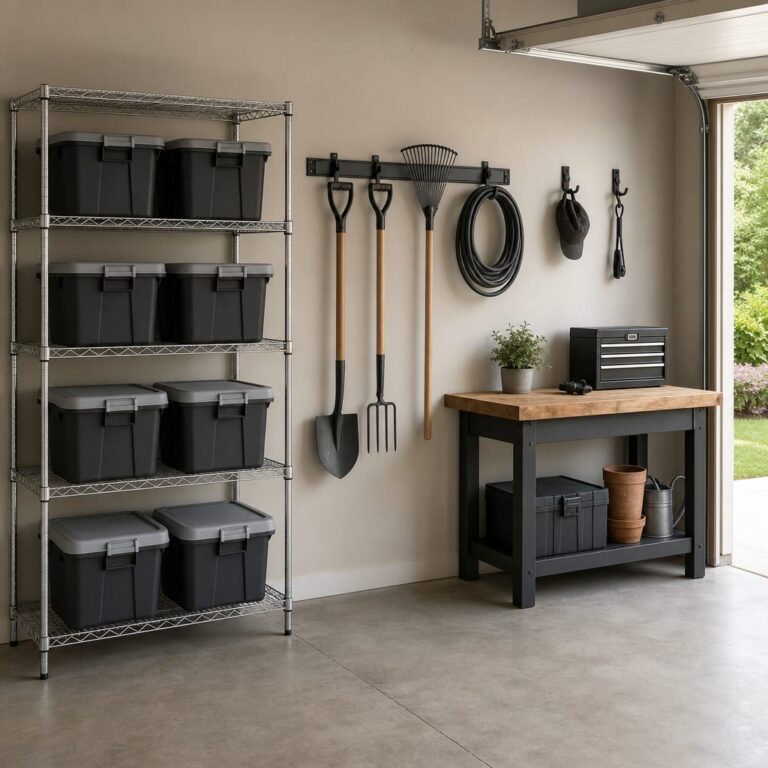 Organized two-car garage corner with wire shelving, wall-mounted track system, hooks holding garden tools, and labeled plastic bins