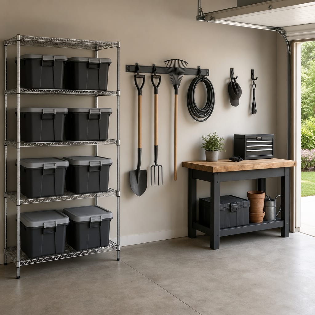 Organized two-car garage corner with wire shelving, wall-mounted track system, hooks holding garden tools, and labeled plastic bins