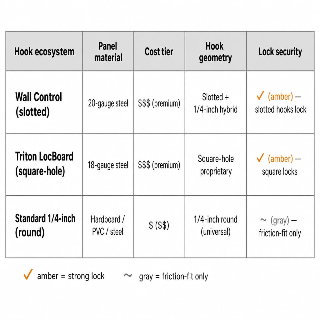 Decision matrix showing three pegboard hook ecosystems — Wall Control slotted, Triton square-hole LocBoard, and standard 1/4-inch round-hole — with compatibility marks for each system