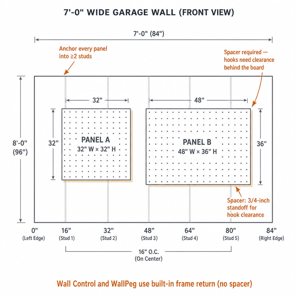 Front-view diagram of a garage wall showing two pegboard panels at 32 inches wide and 48 inches wide mounted side by side on studs at 16 inches on center, with standoff spacer notation