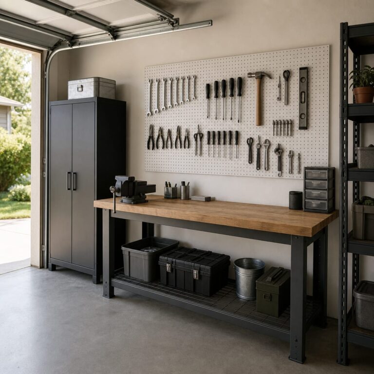Organized residential garage workshop with white metal pegboard mounted on the wall behind a workbench, hand tools hung in orderly rows on standard pegboard hooks