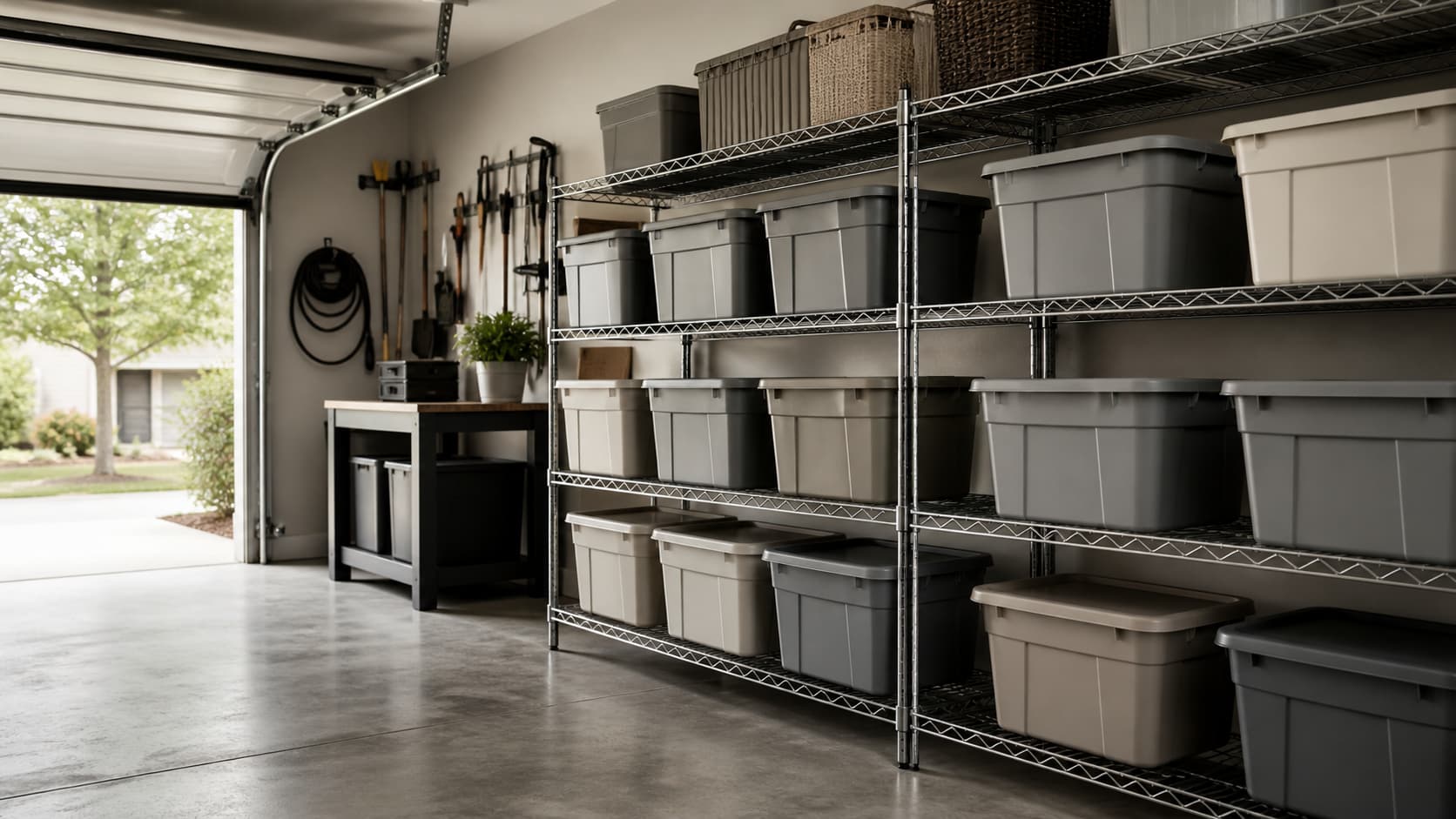 Organized residential garage interior with metal wire shelving holding plastic storage totes in soft daylight