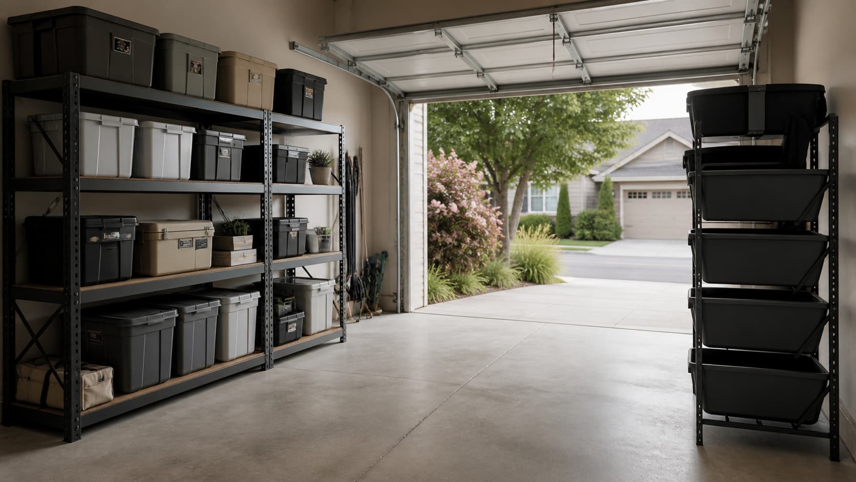 Best garage shelving for heavy totes — heavy-duty welded steel rack and dedicated bin storage rack with stacked plastic totes