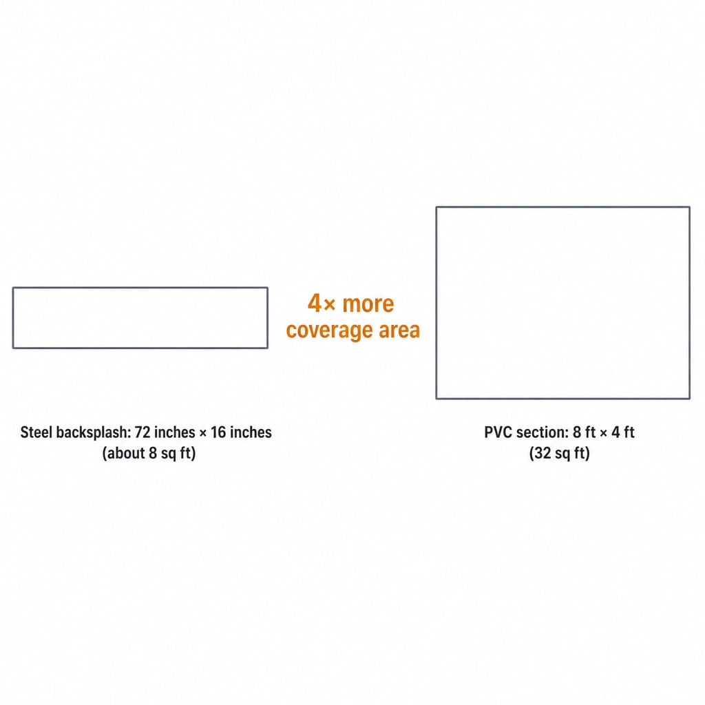 Side-by-side comparison diagram of a 72-inch steel slatwall backsplash and an 8-foot by 4-foot PVC slatwall section, showing the coverage difference