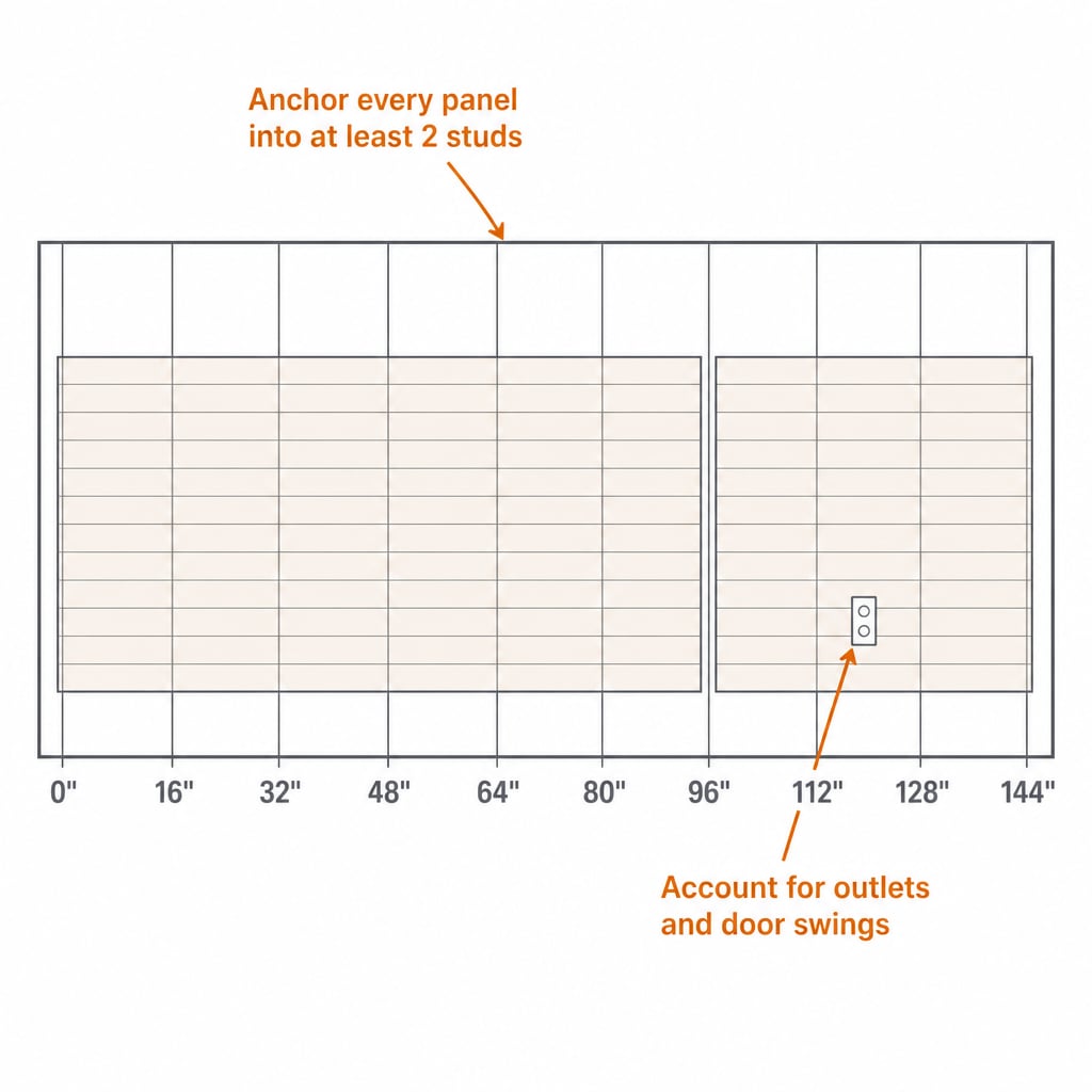 Top-down measurement diagram of a garage wall showing studs at 16 inches on center with two slatwall sections placed horizontally to cover 12 feet of wall span
