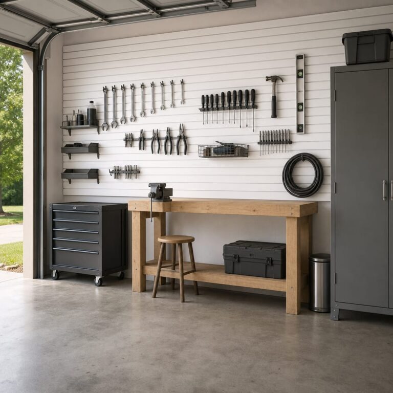 Organized residential garage interior with white PVC slatwall mounted behind a clean workbench, neutral daylight, hand tools hanging from slatwall hooks