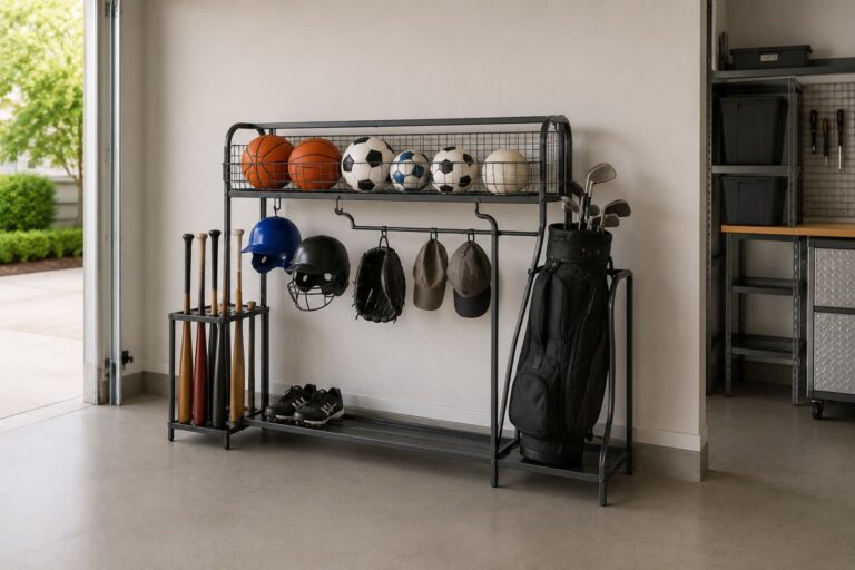 best garage sports equipment organizer — wide editorial view of a residential garage with mixed sports gear on a metal rack