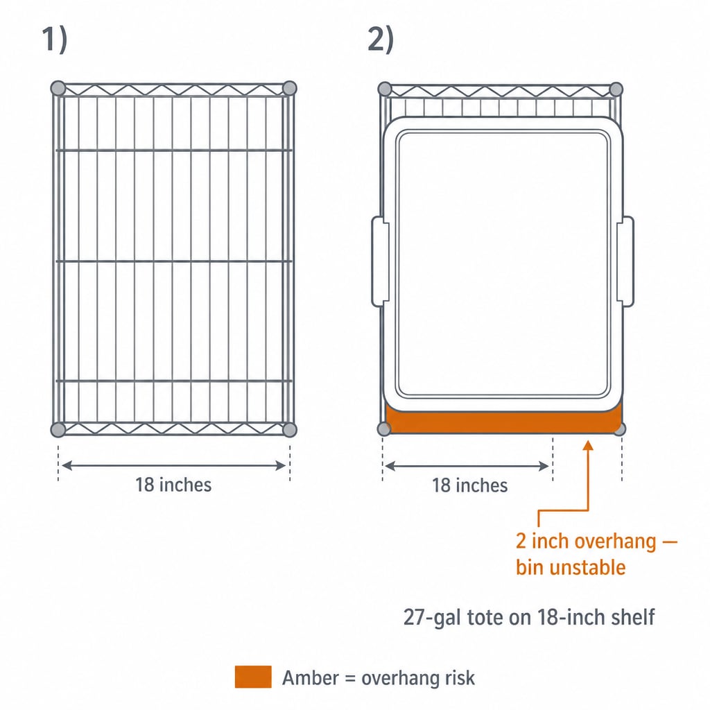 Top-down side-by-side comparison of an 18-inch deep wire shelf and a 20-inch wide 27-gallon storage tote, with a 2-inch front overhang highlighted in amber
