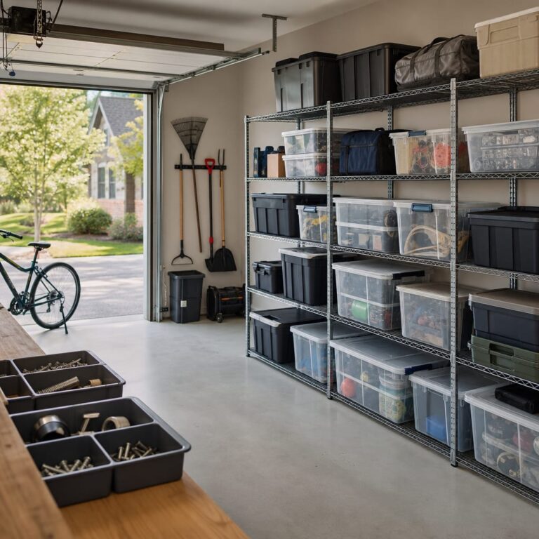 Organized residential garage shelving with stacked plastic storage bins of varying sizes and lid types in daylight
