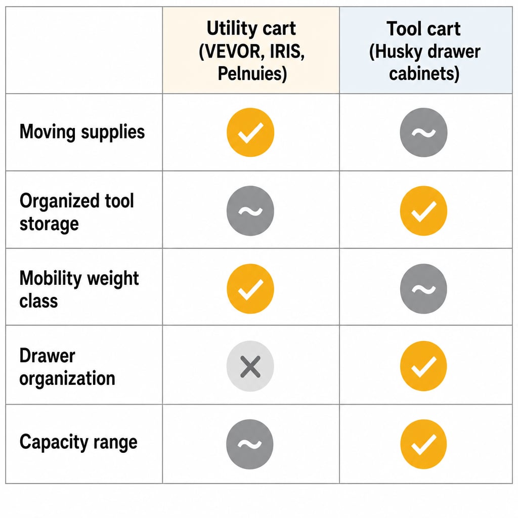 Decision matrix comparing utility carts and tool carts on five factors — moving supplies between locations, organized tool storage, mobility, drawer organization, and capacity