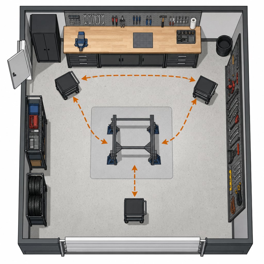 Top-down floor plan diagram of a garage showing rolling utility cart paths between workbench, tool wall, and project area