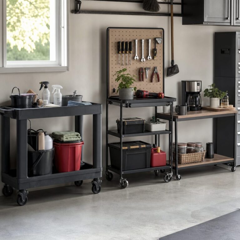 Organized garage workshop with mixed rolling utility carts — a heavy-duty plastic 2-shelf utility cart loaded with supplies on the left, a multi-tier metal cart with pegboard in the middle, and a slim 2-tier wood cart on the right
