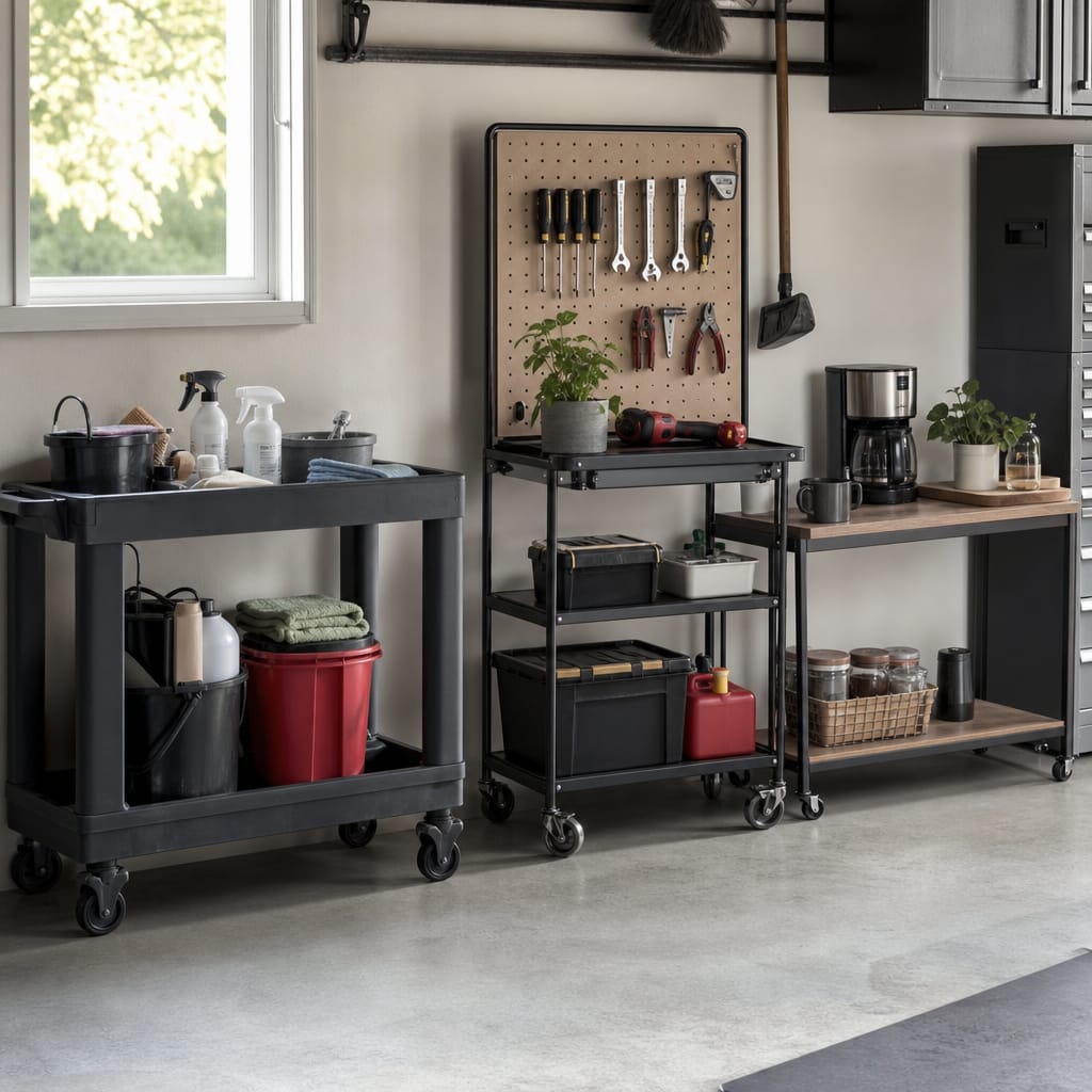 Organized garage workshop with mixed rolling utility carts — a heavy-duty plastic 2-shelf utility cart loaded with supplies on the left, a multi-tier metal cart with pegboard in the middle, and a slim 2-tier wood cart on the right