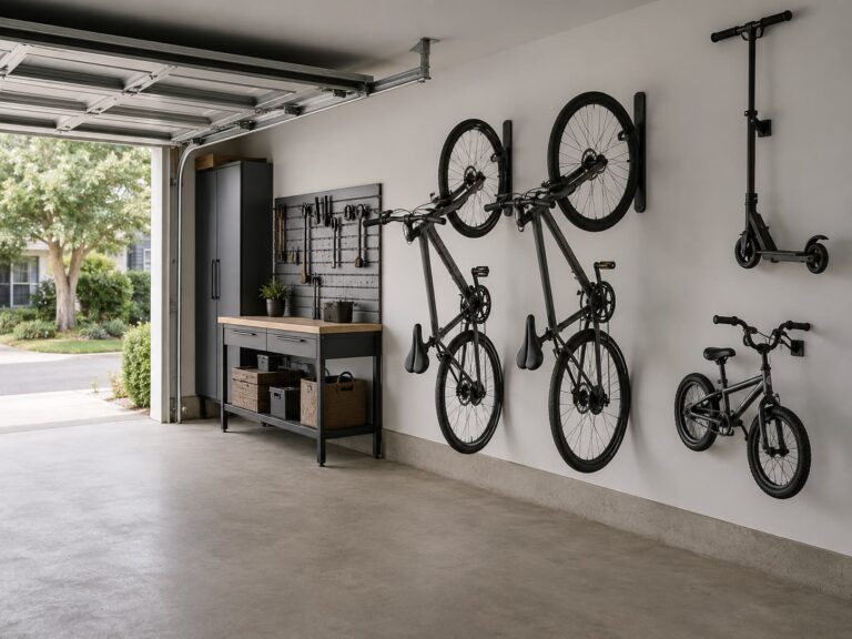 Garage storage for bikes and scooters — organized residential garage with wall-mounted bikes and kick scooter in daylight