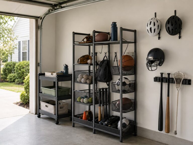 Organized garage corner with kids' sports gear — balls in a rack, helmets on wall mounts, bats on a stick rack