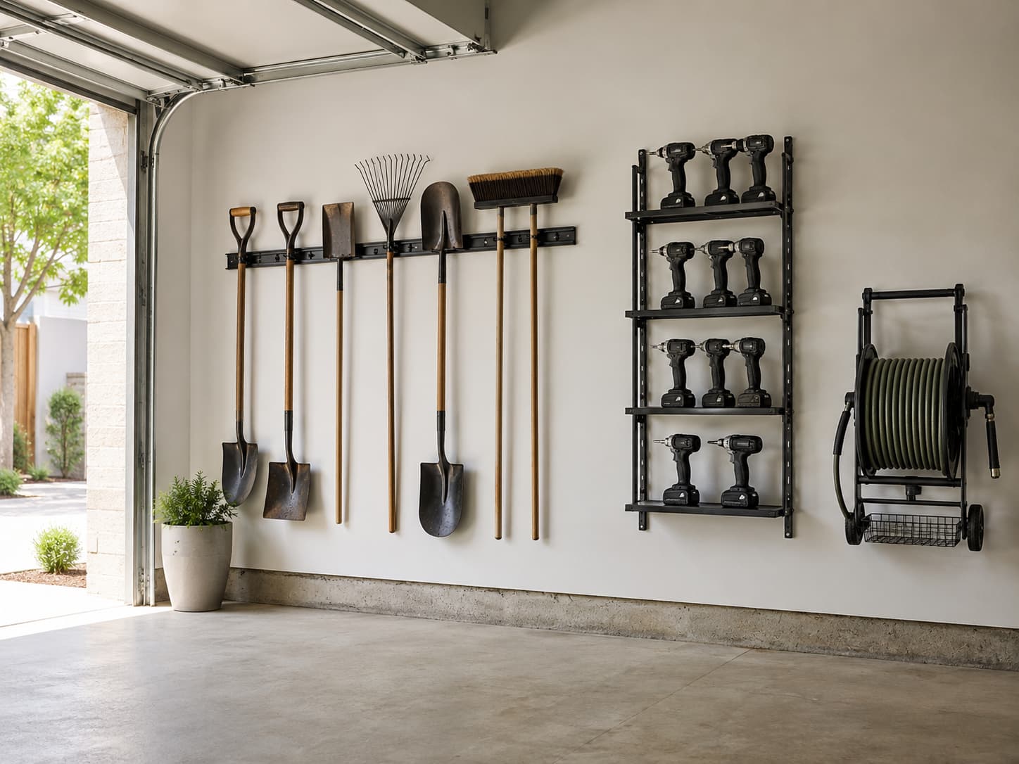 Organized garage with long-handle tools on a wall rack, a power-tool organizer with cordless drills, and a hose reel cart