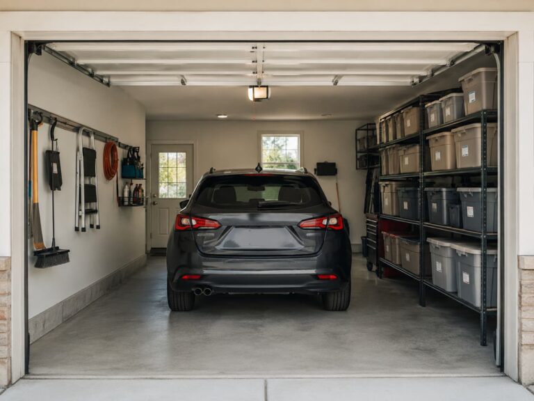 Organized one-car residential garage interior with a parked car, narrow shelving on one wall, and clearance for the driver to step out