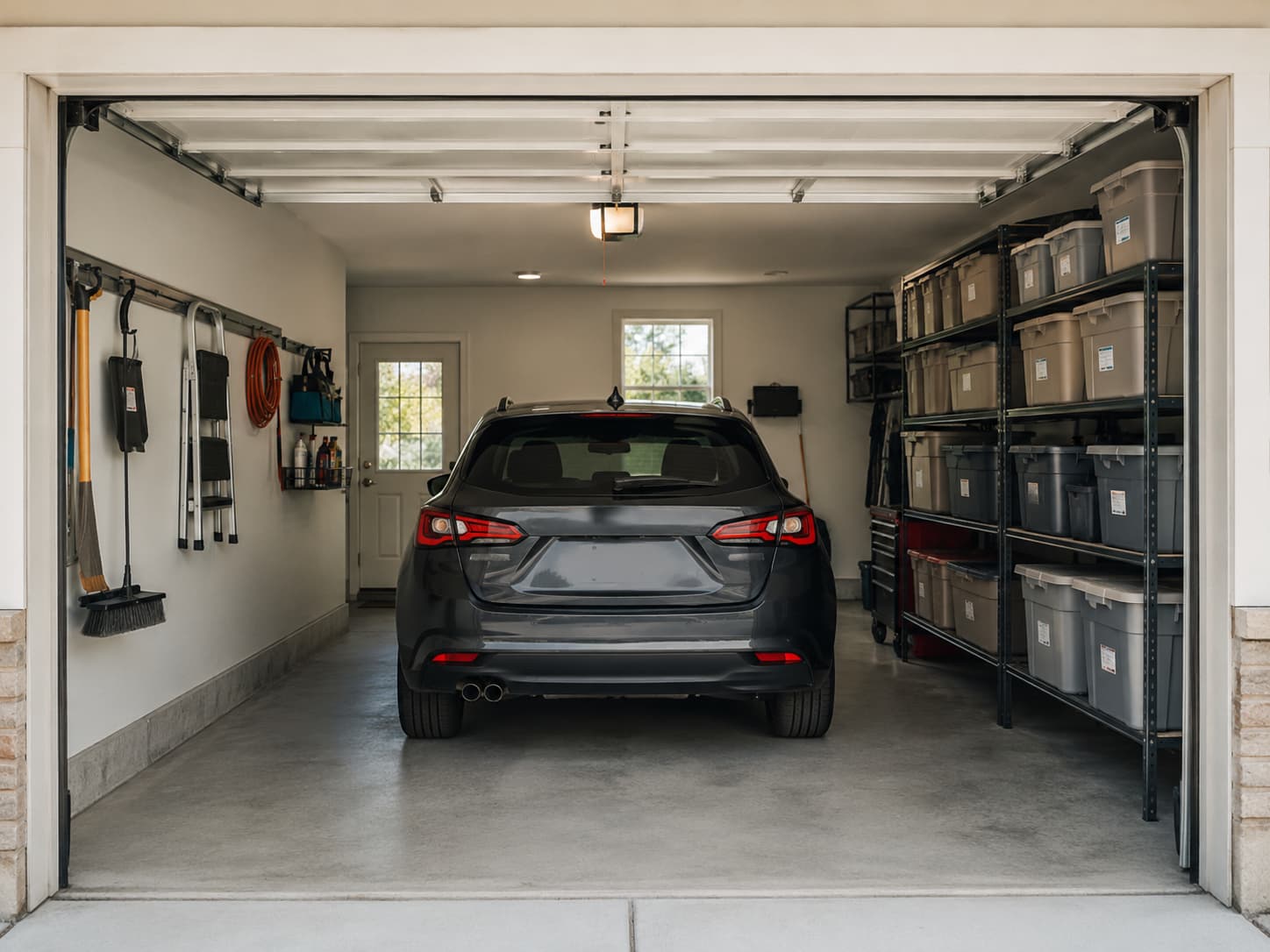 Organized one-car residential garage interior with a parked car, narrow shelving on one wall, and clearance for the driver to step out