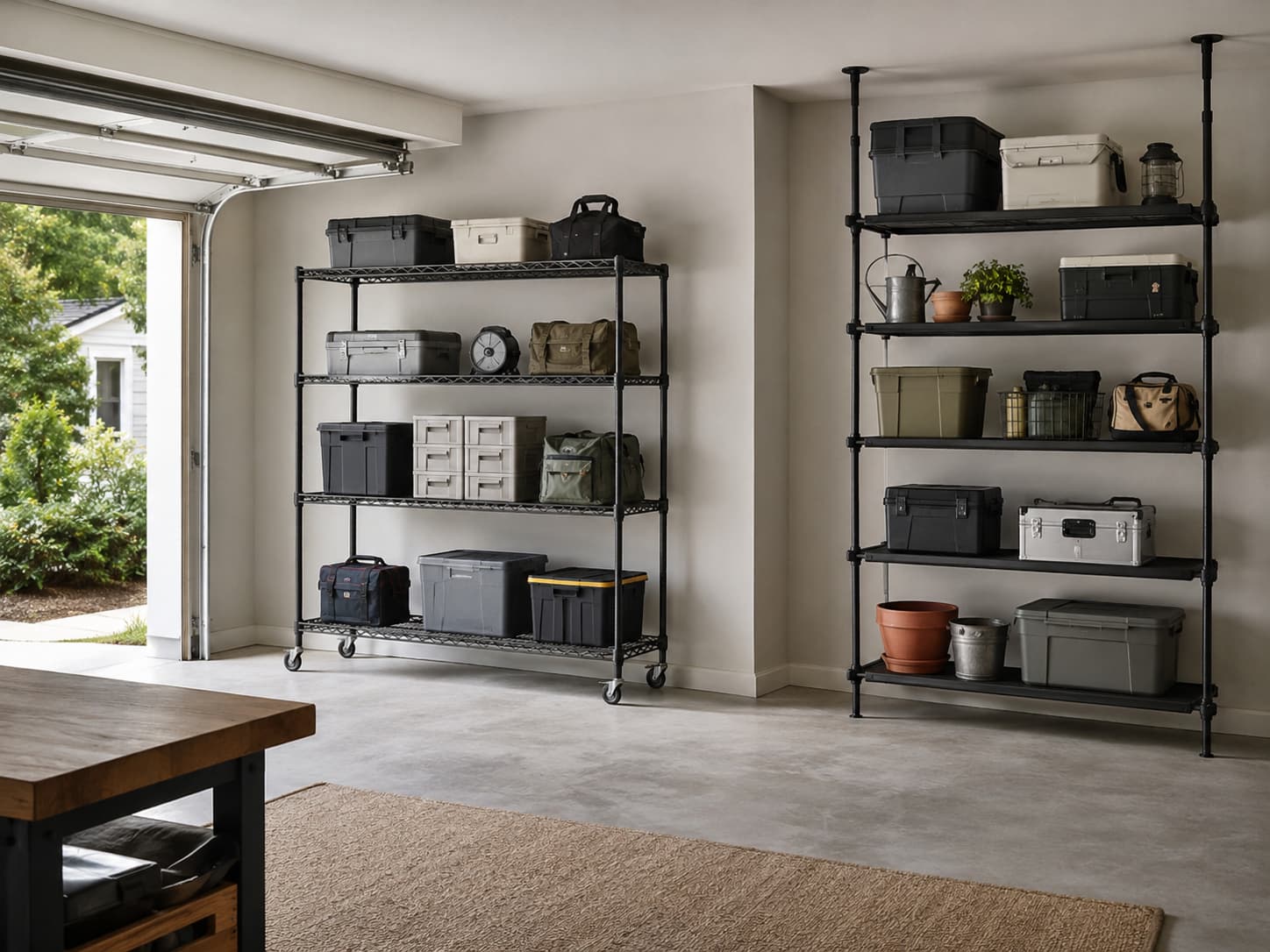 Organized rental garage with freestanding shelves on wheels and a tension-mounted pole shelf, no wall mounts visible