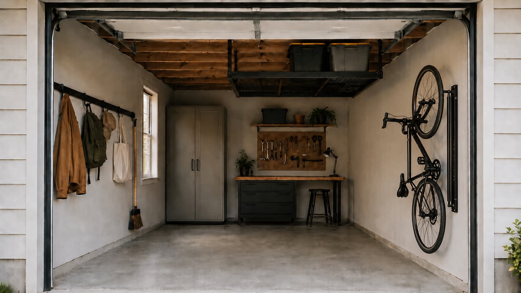 Best garage storage for small garages — compact one-car garage with wall track, overhead rack, and vertical bike rack
