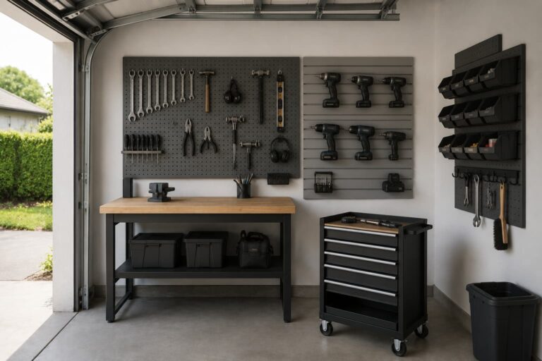 Organized small garage workshop wall with pegboard, slatwall, and a rolling tool cart in daylight