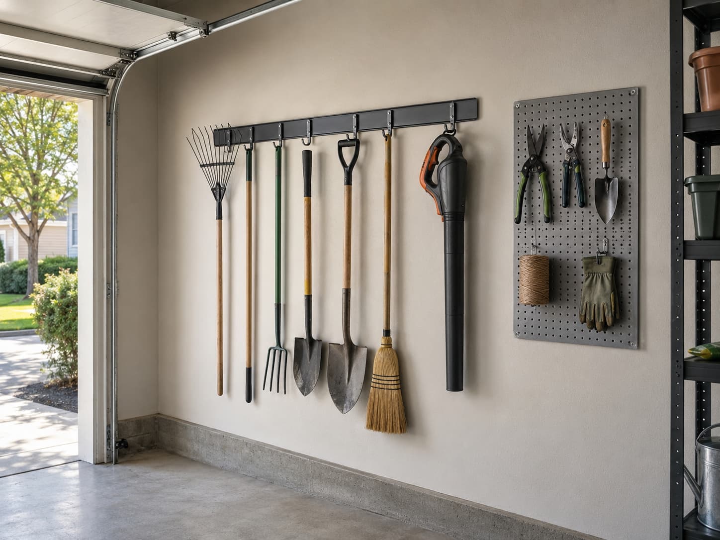 best garden tool organizer for garage — wide editorial view of a residential garage wall with a rack and pegboard