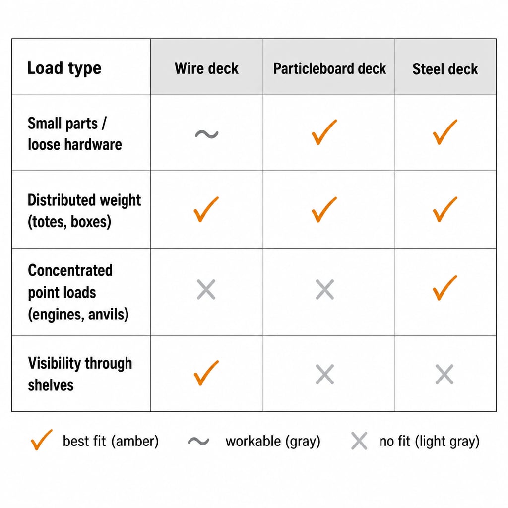 Decision matrix showing which deck type (wire, particleboard, steel) fits which load types (small parts, distributed weight, point loads)