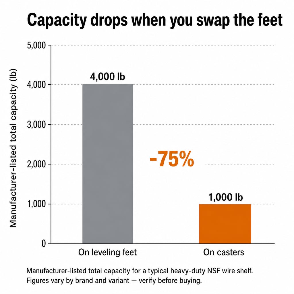 Bar chart showing manufacturer-listed total capacity dropping from 4,000 pounds on leveling feet to 1,000 pounds on casters, a 75 percent decrease