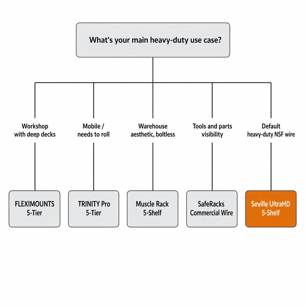 Decision tree mapping garage use cases to the recommended heavy-duty shelf pick: workshop, mobile, industrial, NSF wire, tools and parts
