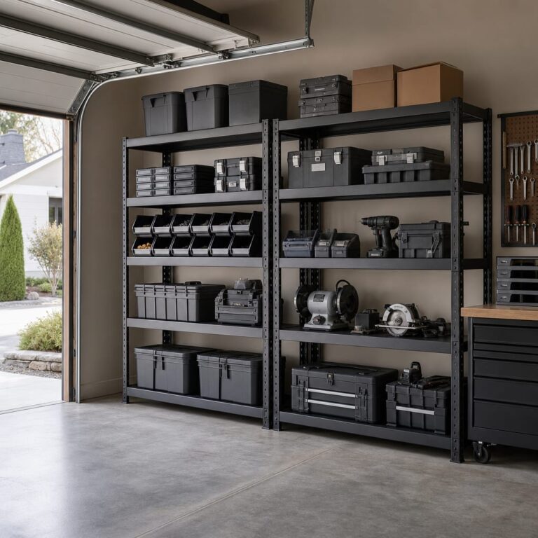 Industrial-grade steel garage shelving units along a clean residential garage wall, loaded with toolboxes and parts bins in daylight