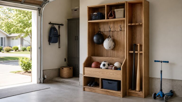 best garage storage for kids sports equipment — organized garage corner with multi-sport gear rack holding balls, bats, and helmets in daylight