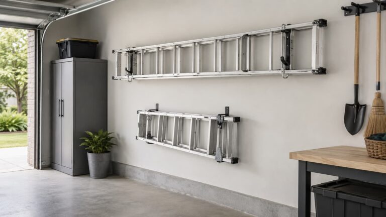 best ladder hooks for garage — wide editorial view of a residential garage wall with extension and step ladders hung horizontally on metal hooks