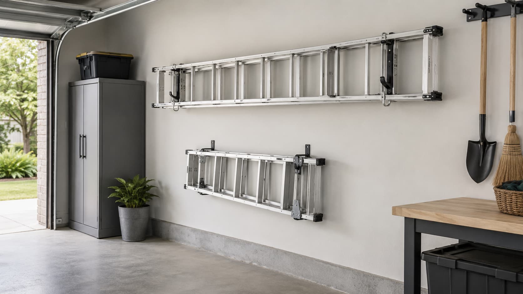 best ladder hooks for garage — wide editorial view of a residential garage wall with extension and step ladders hung horizontally on metal hooks