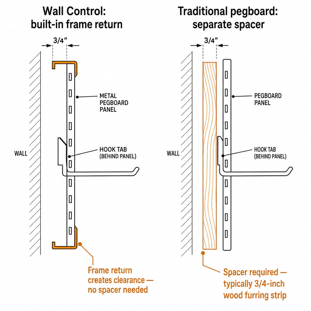 Cross-section diagram of a metal pegboard mounted on a wall showing the built-in frame return that creates hook clearance versus a traditional pegboard requiring separate spacers
