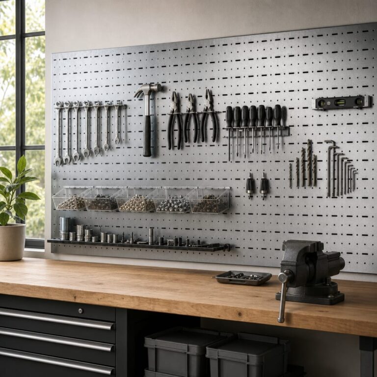 Garage workshop wall with galvanized steel metal pegboard mounted behind a clean workbench, hand tools and small parts organized on slotted hooks and magnetic strips