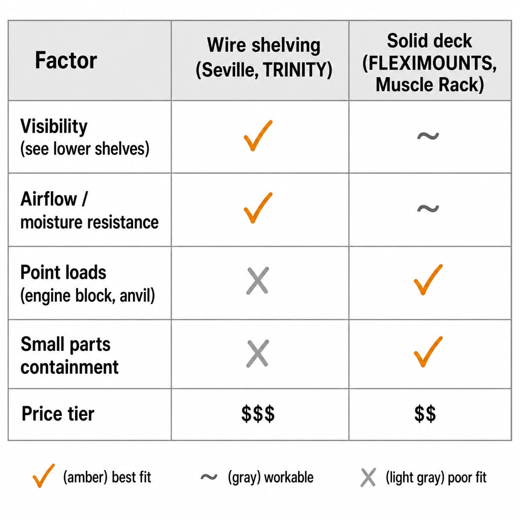 Decision matrix comparing wire shelving and solid-deck shelving on five factors — visibility, airflow, point loads, small parts containment, and price tier