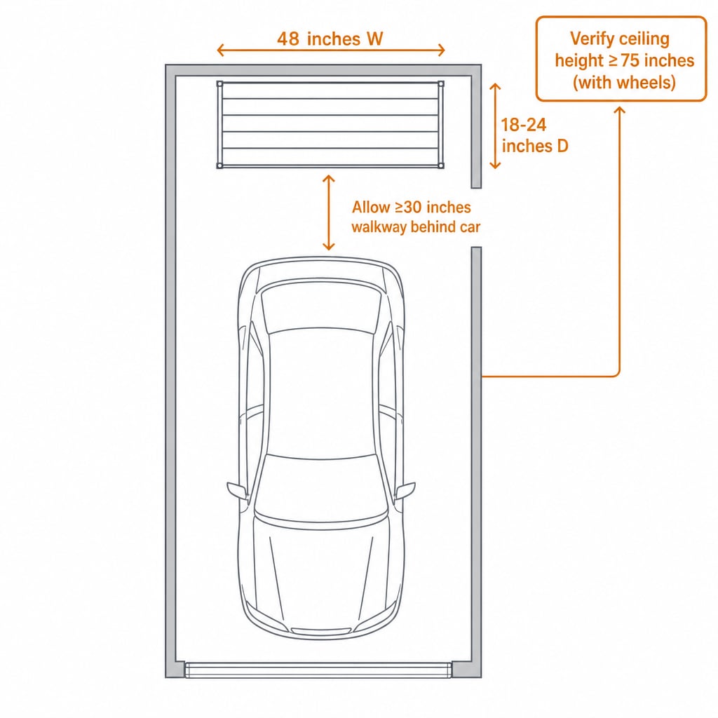 Top-down floor-plan diagram of a one-car garage showing a metal shelving unit placed against the back wall with footprint measurements and clearance zones marked