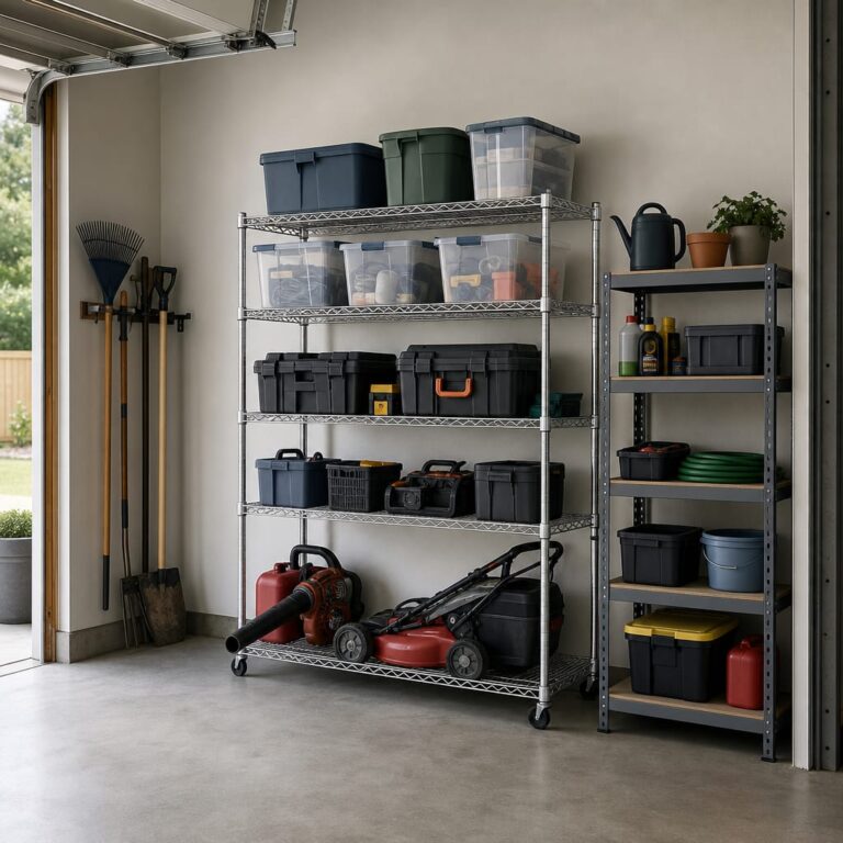 Organized residential garage with chrome wire NSF metal shelving against the back wall holding storage totes, tool boxes, and small bins on multiple tiers